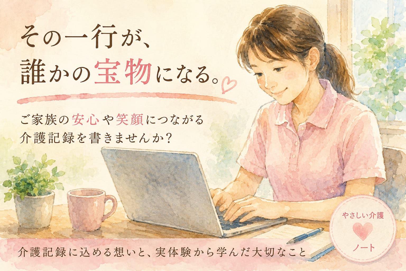 介護記録をパソコンで入力する介護職員の水彩イラスト。ご家族の安心や笑顔につながる記録と、「その一行が、誰かの宝物になる」という想いを表している。