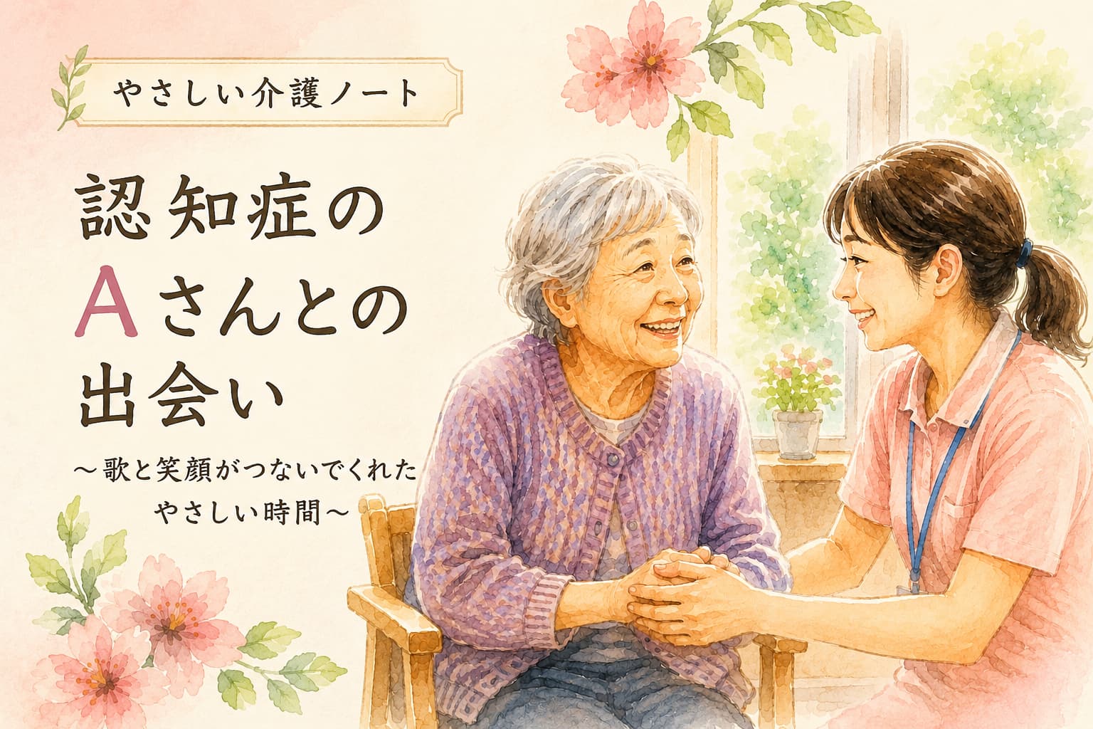 認知症の高齢女性と介護職員が笑顔で向き合う水彩風イラスト。介護歴25年の実体験を紹介する記事のアイキャッチ画像。