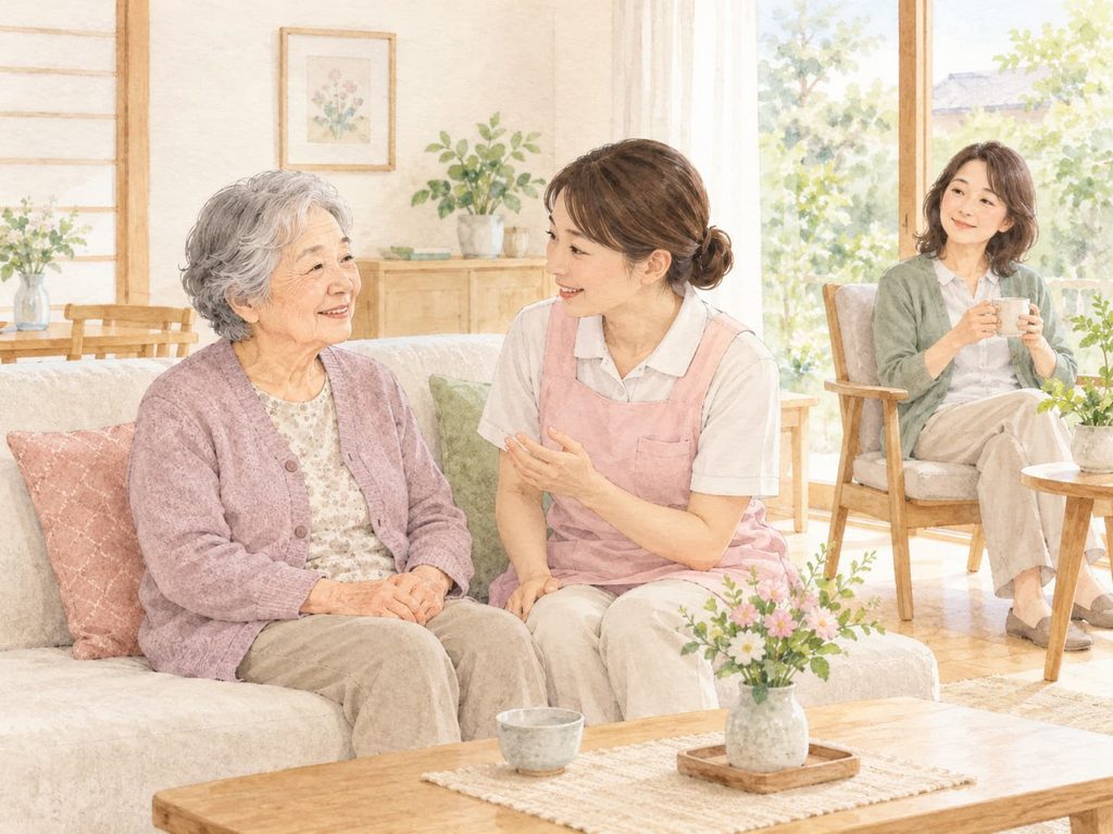 介護スタッフが高齢の女性に寄り添い、そのそばで家族が温かい飲み物を手に休息している水彩画