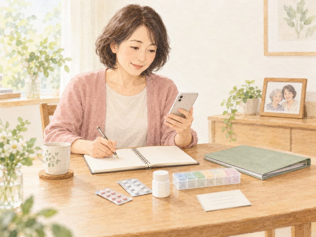 緊急時に備えて、服薬情報や連絡先をノートにまとめている女性の水彩画