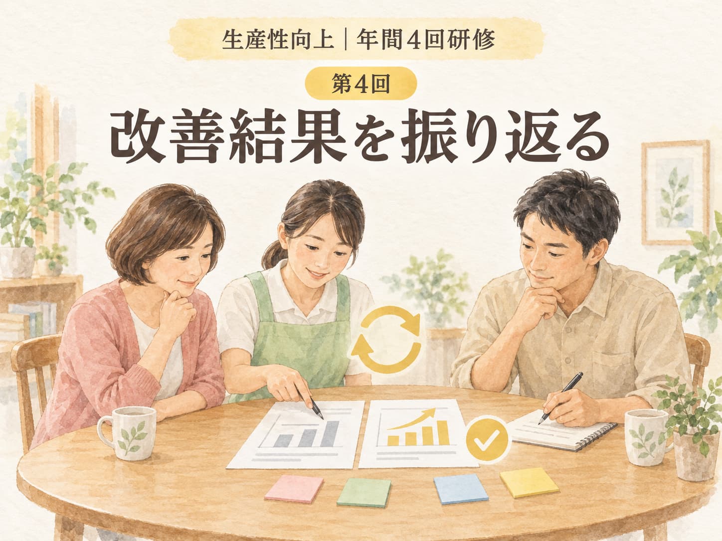 第4回・改善結果を振り返る研修で、介護職員3人が記録を確認しながら話し合う水彩イラスト