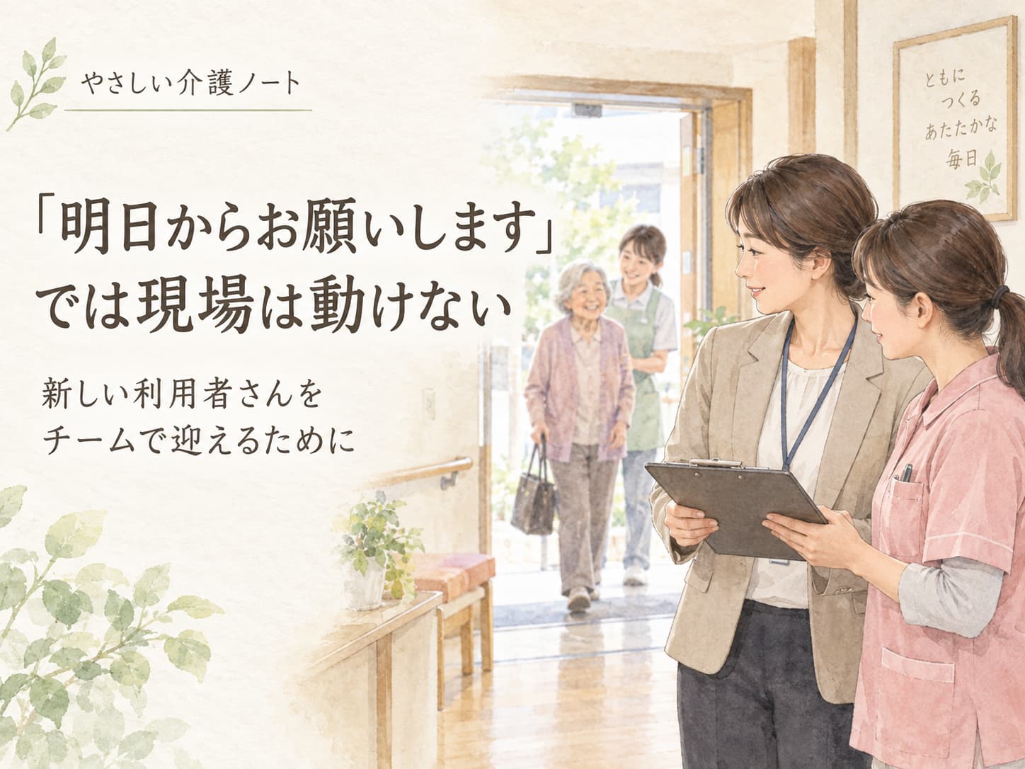 管理者と介護職員が、新しい利用者さんを施設全体で迎える準備をしている水彩イラスト。「明日からお願いしますでは現場は動けない」と書かれている。