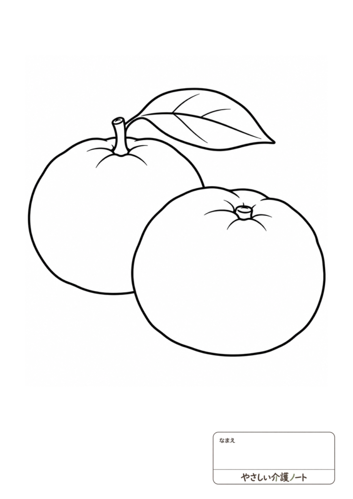 葉のついた二つのみかんの、かんたんな白黒塗り絵