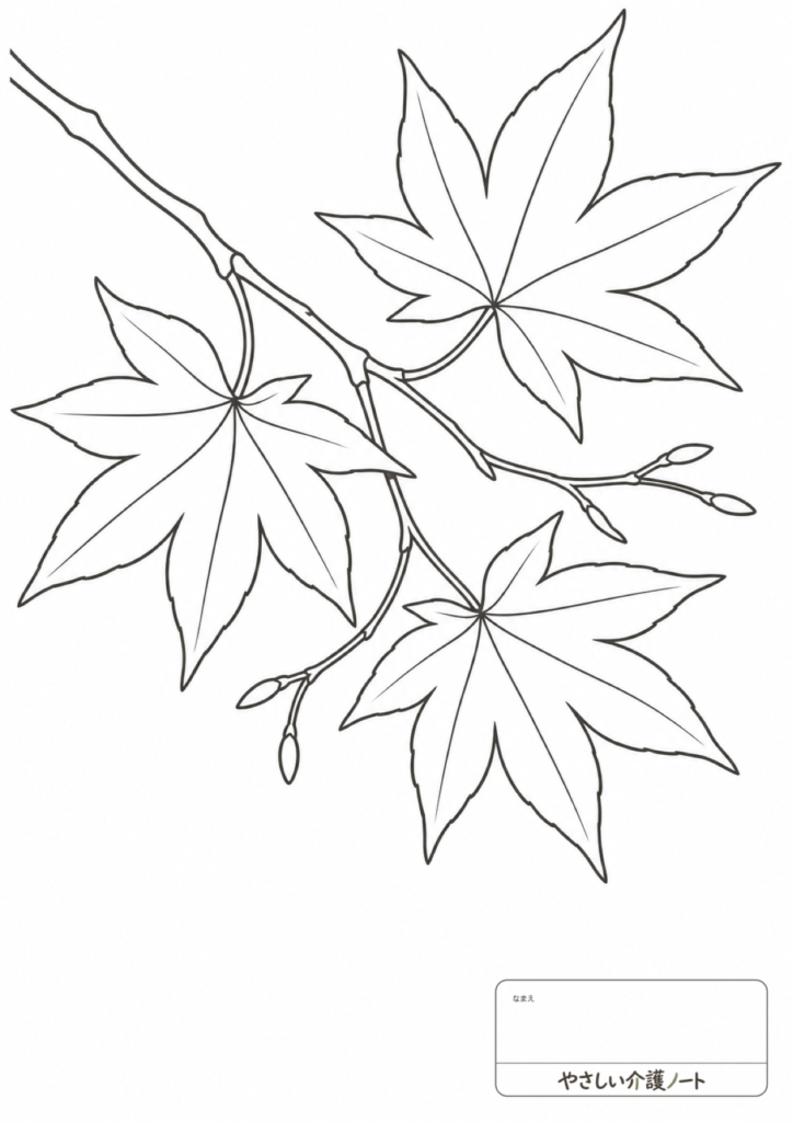 枝についた紅葉の葉を描いた、10月の塗り絵・かんたん編の白黒線画。
